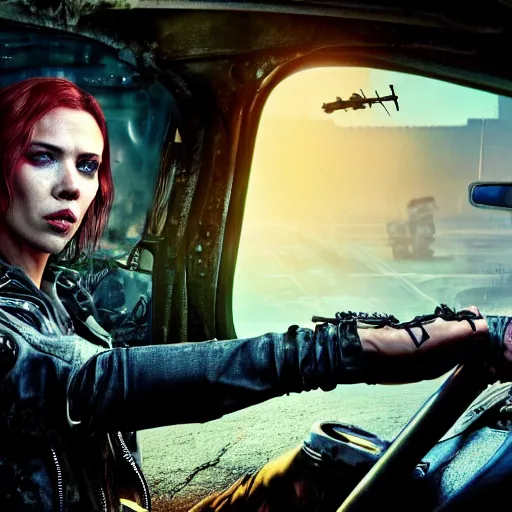 Prompt: Fury Road driver scarlett johansson tragedy in Cyberpunk 2077. CP2077. 3840 x 2160