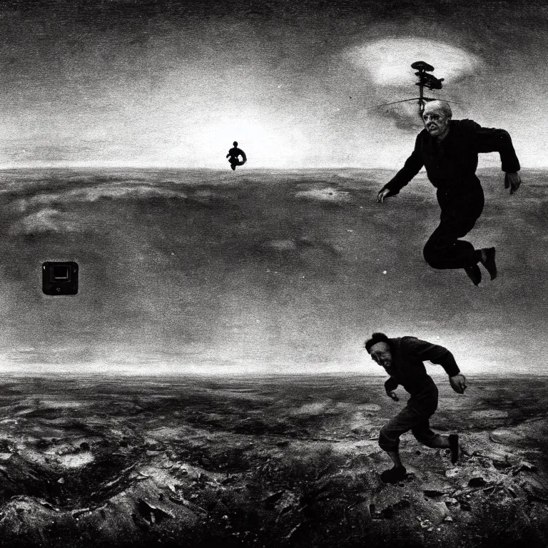 Prompt: man running away from atomic bomb explosion, selfie gopro footage by hieronymus bosch, action footage, disposable camera, fisheye, landscape portrait surreal painting, perfect composition, beautiful detailed intricate octane render, artstation, 8 k, photorealistic, volumetric cinematic light, chiaroscuro, masterpiece, raphael, bosch, caravaggio, beksinski, giger
