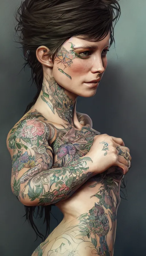 Image similar to tattooed lady, sweaty, insane, intricate, highly detailed, digital painting, artstation, concept art, smooth, sharp focus, illustration, Unreal Engine 5, 8K, art by artgerm and greg rutkowski and alphonse mucha