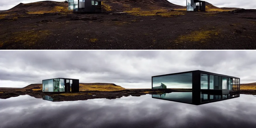 Image similar to futuristic architect house made from deconstucted burnt wood and mirrors, floating, portal, refraction, iceland landscape photography, by lurie belegurschi and gunnar freyr