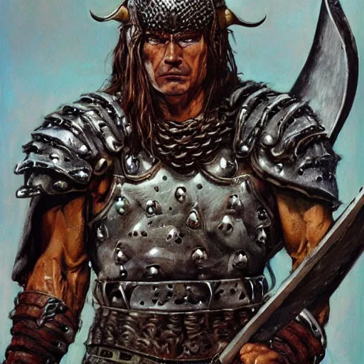 Prompt: a photorealistic painting of Conan the reaver , in a horned helmet, rough chainmail armor, wielding an axe, extremely muscular male fantasy hero, extremely detailed, mixed media style comic book artwork, artstation, medieval fantasy art, sharp focus, perfectly symmetrical facial features, melancholy lighting, art by Barry Windsor-Smith and Bill Sienkiewicz , hyperrealism, dark fantasy, menacing atmosphere, golden ratio, hyperdetailed, highest resolution, heavily detailed and ornate