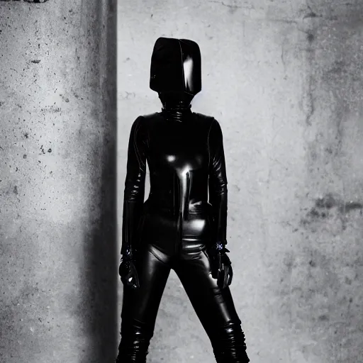 Prompt: fashion photography of an extraterrestrial model, wearing futuristic hip - hop streetwear fashion, inside berghain, berlin fashion, futuristic fashion, dark minimal outfit, photo 3 5 mm leica, hyperdetail, berghain, 8 k, very detailed, photo by nick knight