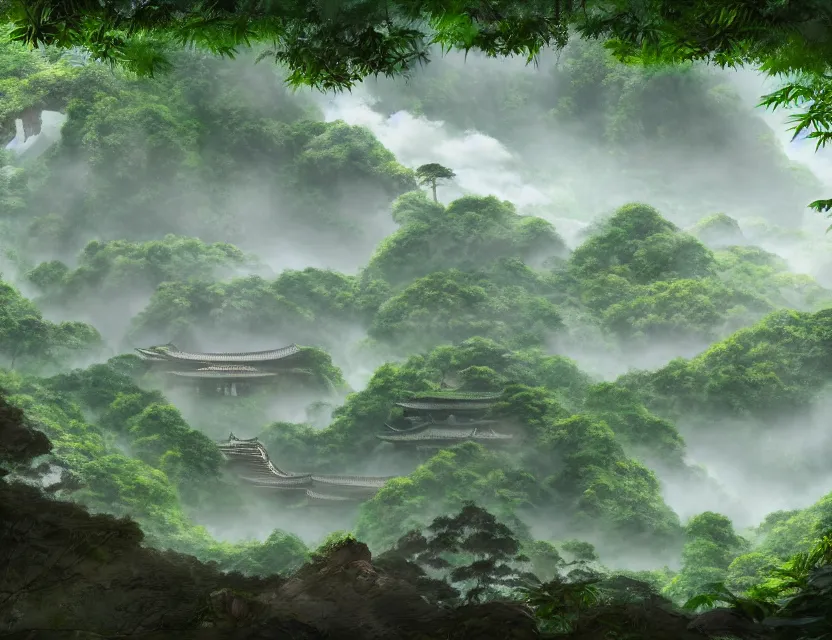 Prompt: a cinematic widescreen photo of many epic ancient japanese temples with a winding path and bridge to hot springs on the top of a mountain in a misty bamboo cloud forest with colossal waterfalls at dawn by studio ghibli and roger dean, terraced, mystical, trending on artstation