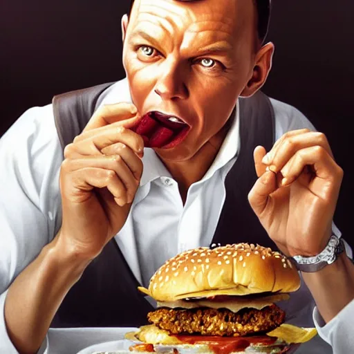 Image similar to portrait of a Frank Sinatra eating a hamburger, extra onions and ketchup, luscious patty with sesame seeds, masculine, handsome, D&D, fantasy, intricate, elegant, highly detailed, digital painting, artstation, concept art, matte, sharp focus, illustration, art by Artgerm and Greg Rutkowski and Alphonse Mucha