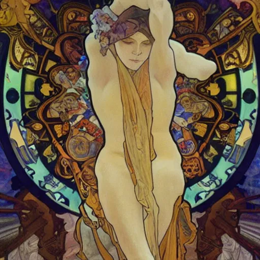 Prompt: a masterpiece painting by alfons mucha exposed at the louvre : the death of revolution