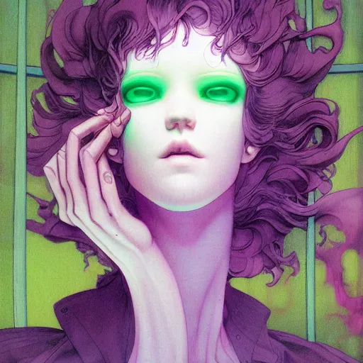 Image similar to prompt : pale violet and deep green portrait inside window soft light painted by james jean and katsuhiro otomo and erik jones, inspired by evangeleon anime, smooth face feature, intricate oil painting, high detail illustration, sharp high detail, manga and anime 1 9 9 9