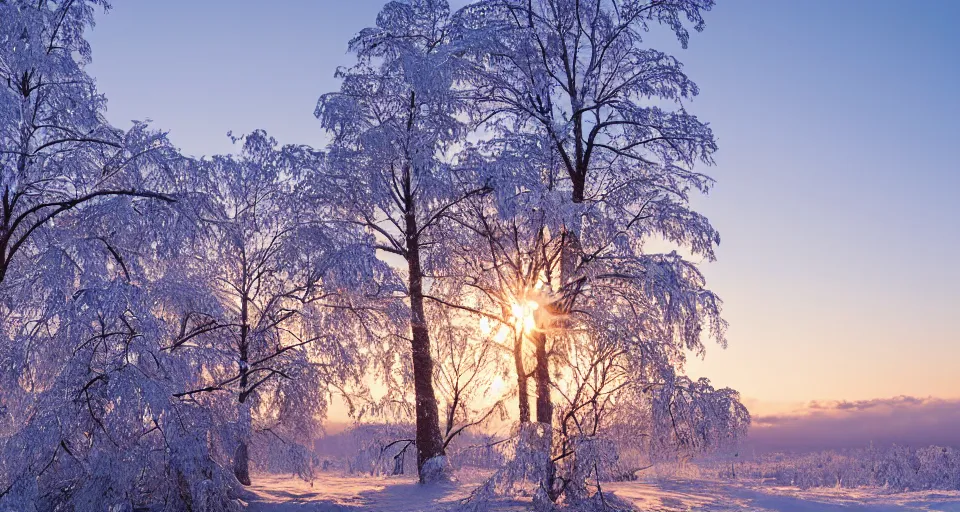 Image similar to winter in Scandinavia with snow hanging heavily from the trees, winter sunset