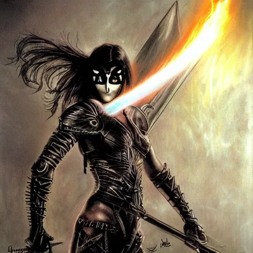 Prompt: female warrior with mask, black hair, glowing sword, cinematic, by luis royo