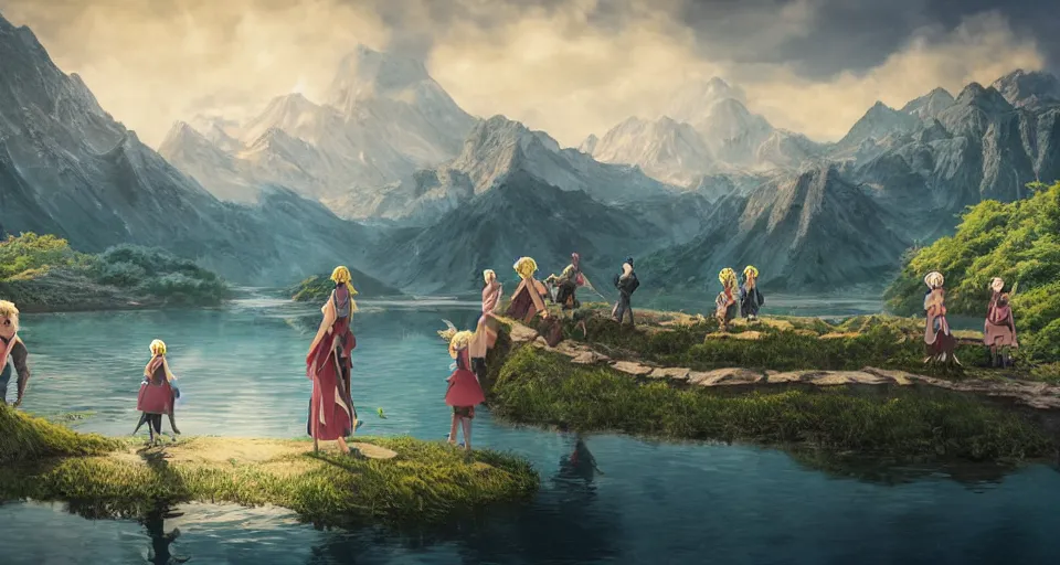 Prompt: An epic fantasy anime style landscape painting of a Mountainrange and a lake, with A family consisting of a blond man with a beard, a blond wife and two blond boys celebrating a wedding, unreal 5, DAZ, hyperrealistic, octane render, dynamic lighting