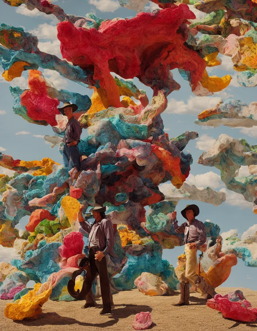 Image similar to a cowboy turning into blooms by slim aarons, by zhang kechun, by lynda benglis. tropical sea slugs, angular sharp tractor tires. complementary bold colors. warm soft volumetric dramatic light. national geographic. 8 k, rendered in octane, smooth gradients. angular sculpture by michelangelo.