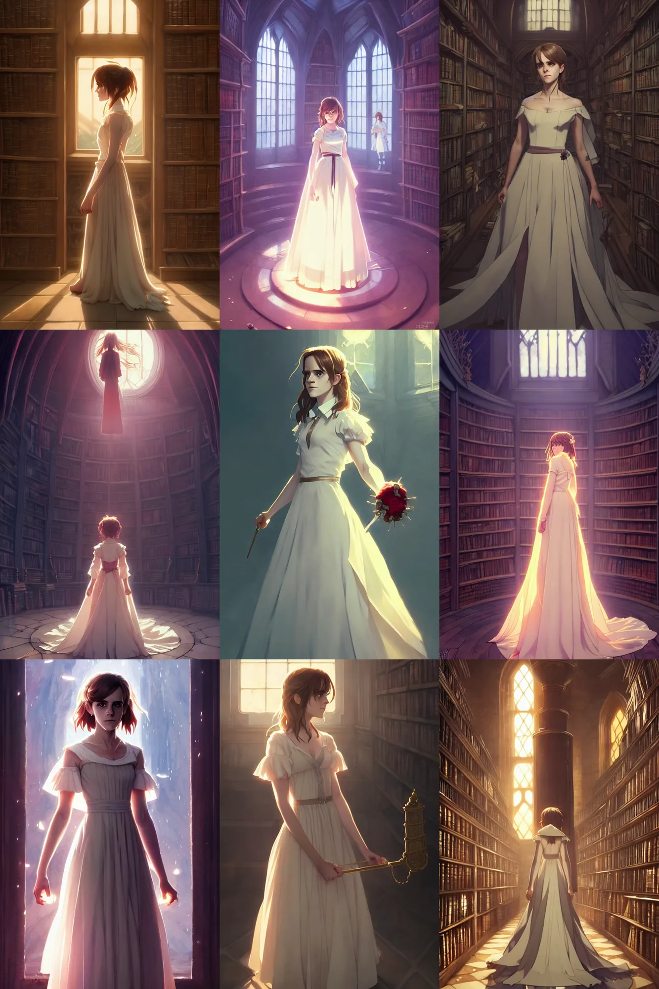 Prompt: emma watson act as hermione in a wedding dress, standing inside a magic library, character art, anime key visual, official media, illustrated by wlop and greg rutkowski and ilya kuvshinov, intricate details, 8 k, trending on artstation, cinematic lighting, beautiful