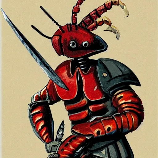 Image similar to Lobster Knight with a claw arm and a human arm holding a sword