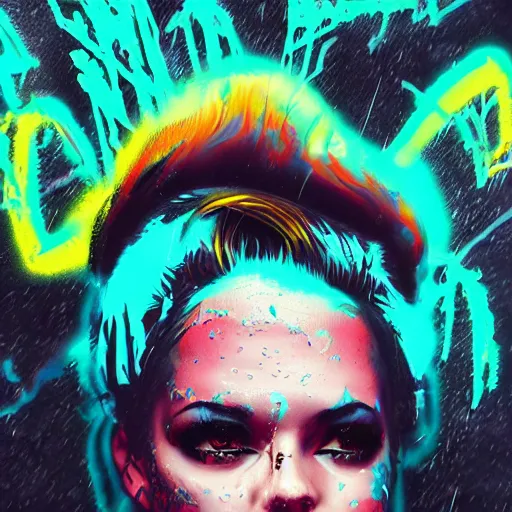 Image similar to splashes of neon clouds, mowhawk, punk women portrait made out of paint with rain in the background, trending on artstation, epic composition, emotional, beautiful, rendered in octane, highly detailed, realistic, comic book art, sharp focus, matte painting, unreal engine