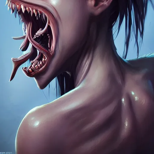 Prompt: side view of a beautiful woman with a monstrous mouth with many teeth on the back of her head , made by Stanley Artgerm Lau, WLOP, Rossdraws, ArtStation, CGSociety, concept art, cgsociety, octane render, trending on artstation, artstationHD, artstationHQ, unreal engine, 4k, 8k,