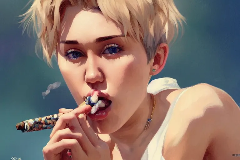 Image similar to Miley Cyrus smoking a joint, highly detailed, digital painting, artstation, concept art, smooth, sharp focus, illustration, art by Krenz Cushart and Artem Demura and alphonse mucha