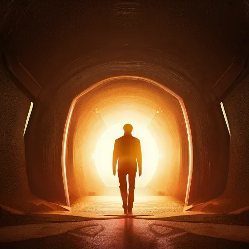 Image similar to sci-fi time traveler, entering through a portal into another dimension, hdr, glowing, misty soft, sunset, Chris Nolan cinematography style, dark, cinematic, cinema lighting, highly detailed, ultra realistic, cinematic lighting, 8k