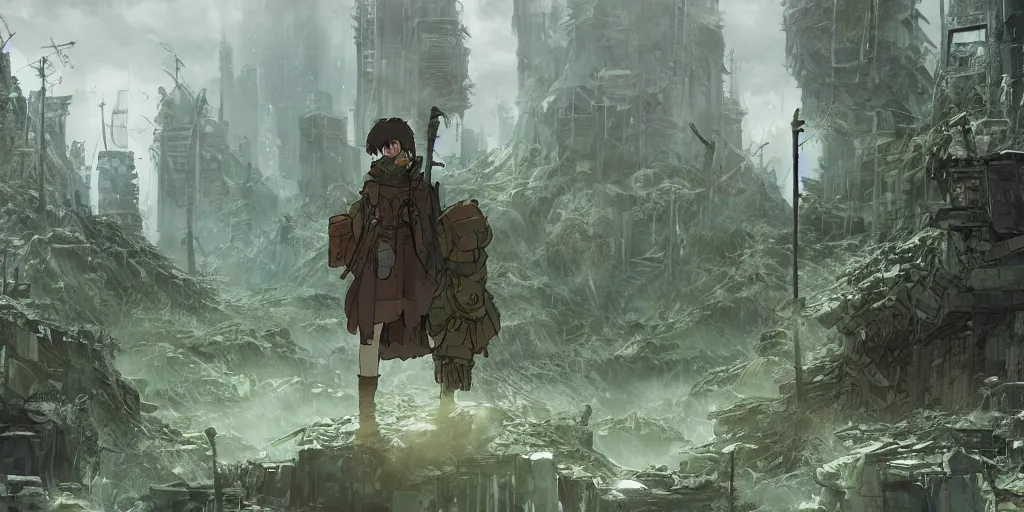 Image similar to a druid in postapocalyptic city intertwined with nature in the open space, low contrast, ivan laliashvili, studio ghibli and shinkai makoto, d render