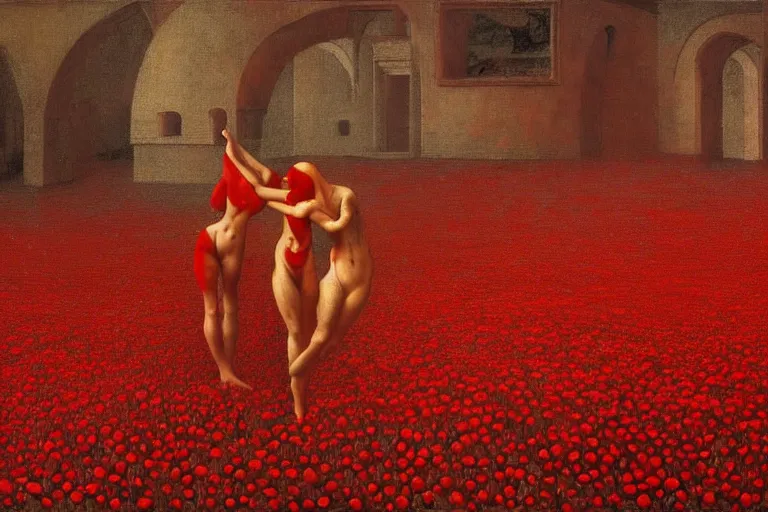 Image similar to only with red, red flowers of different types, a red tiger, a castle in the background, medieval demons dance over the flowers, an ancient path, in the style of beksinski, part by hopper, part by rodcenko, part by hofbauer, intricate composition, red by caravaggio, insanely quality, highly detailed, masterpiece, red light, artstation