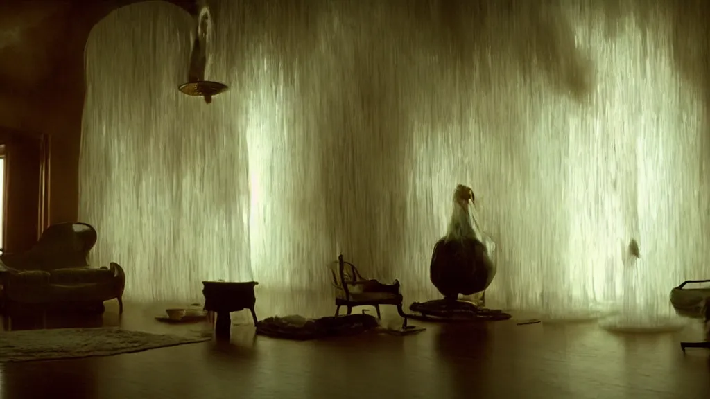 Image similar to a giant hand made of wax and water floats through the living room, film still from the movie directed by Denis Villeneuve with art direction by Salvador Dalí, wide lens