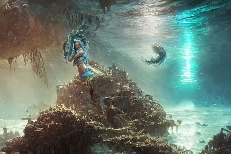 Prompt: a beautiful mermaid looking at the sunken city of Atlantic under water, ray of sunlight, Greg Rutkowski, Mohrbacher, 8k octane beautifully detailed render, post-processing, extremely hyperdetailed, intricate, epic composition, grim yet sparkling atmosphere, cinematic lighting + masterpiece, trending on artstation, very detailed, vibrant colors