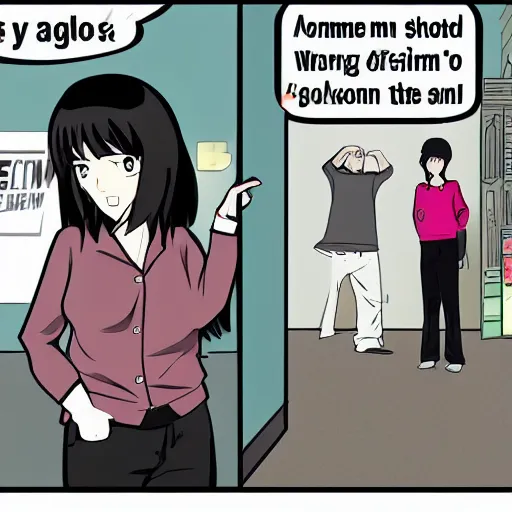 Prompt: a woman is shooting a man with a revolver, inside a dark room, the woman is standing straight up, she is wearing a pink button up shirt and black trousers, she has black hair with bangs, she is in front view, the man is wearing a hoodie and is color drained, a color drained image, cartoon, anime