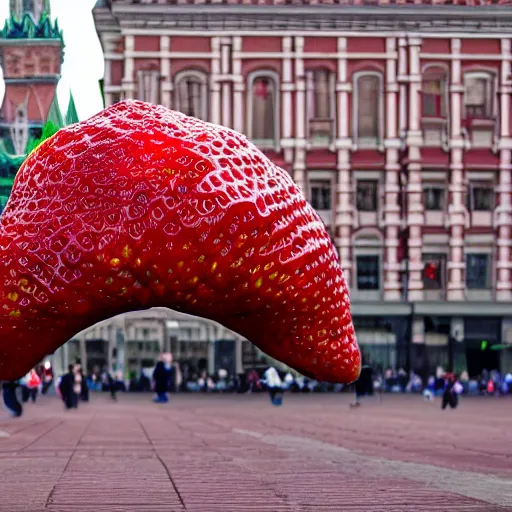 Image similar to super wide shot of giant strawberry monster on red square, 4 k, greg rutkowski, bokeh