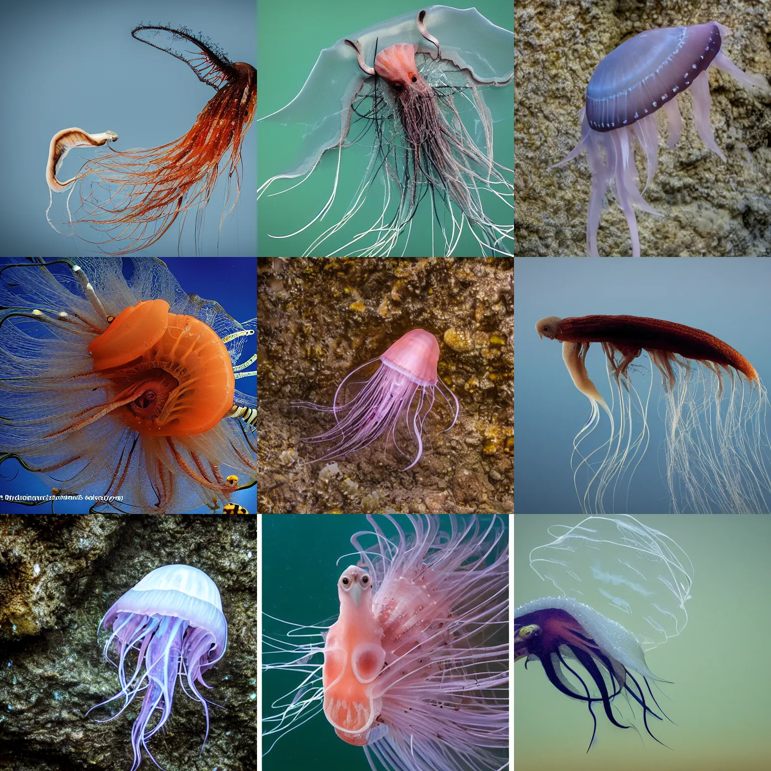 Prompt: a jellyfish-vulture-squid, wildlife photography