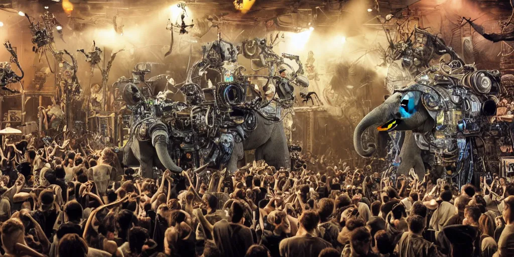 Image similar to a crowd of elephants and lizards robots playing steampunk futuristic instruments in a grindcore show