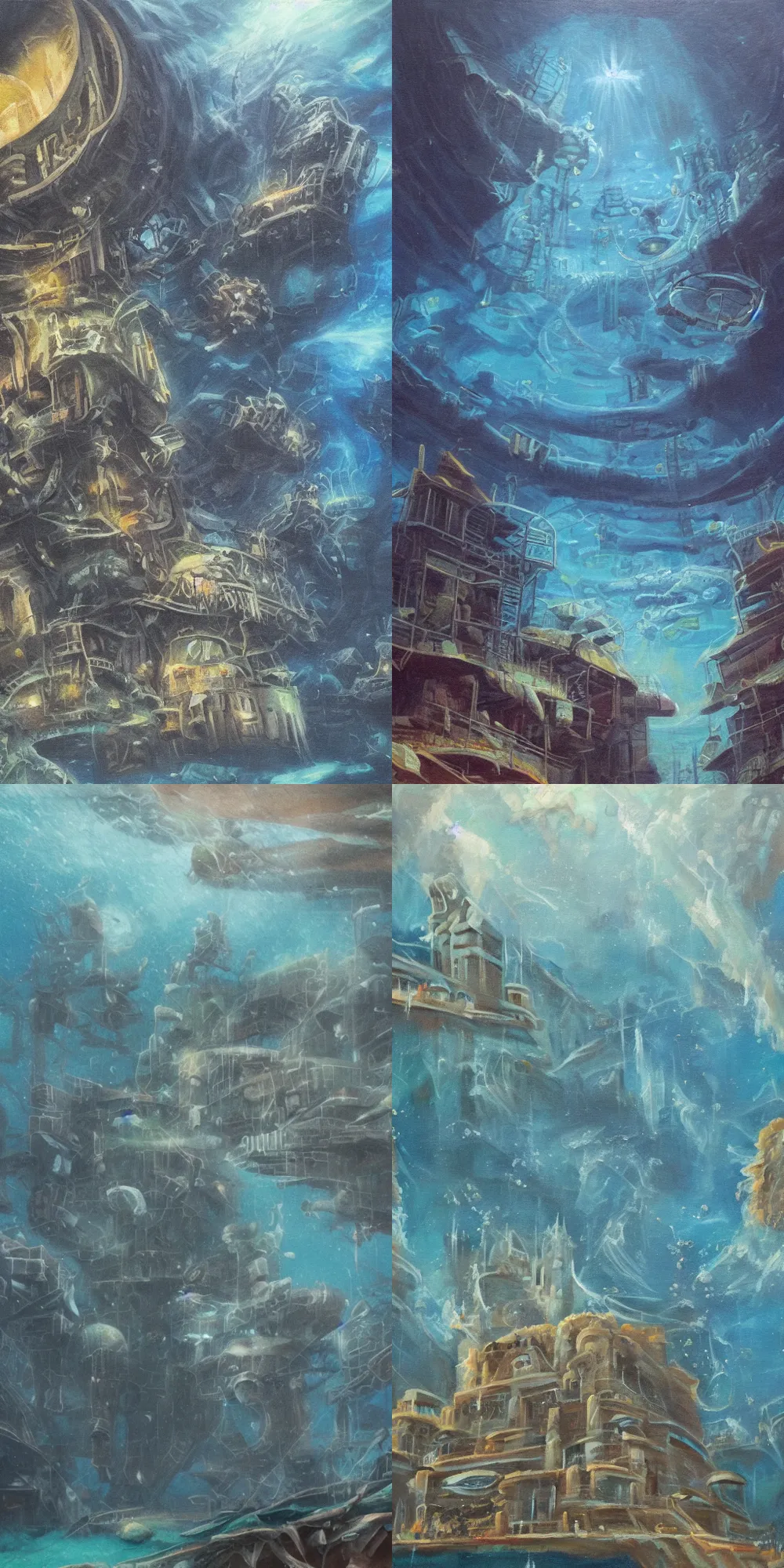 Prompt: an underwater city with a failing force field, oil painting