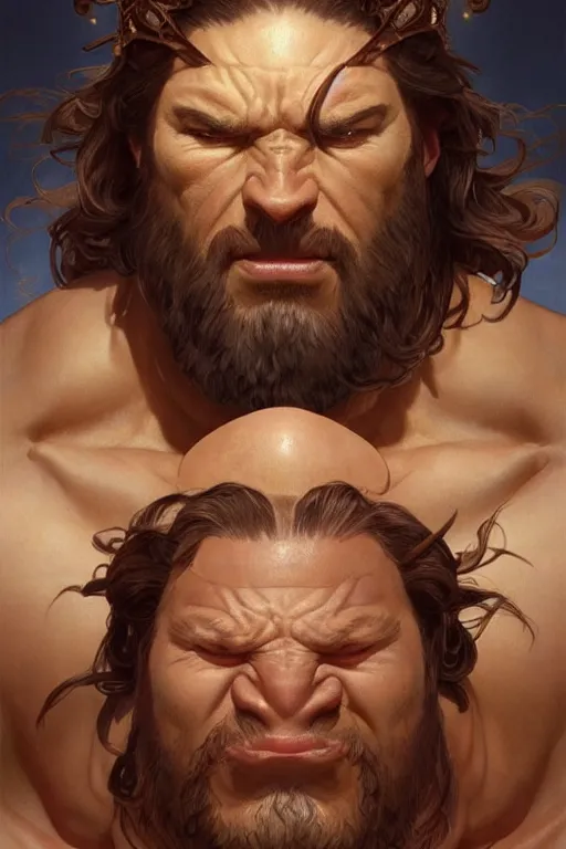 Image similar to hulking herculean ogre jesus christ, on the cross, masterpiece, intricate, elegant, highly detailed, digital painting, artstation, concept art, smooth, sharp focus, illustration, art by artgerm and greg rutkowski and alphonse mucha and uang guangjian and gil elvgren and sachin teng, symmetry!!