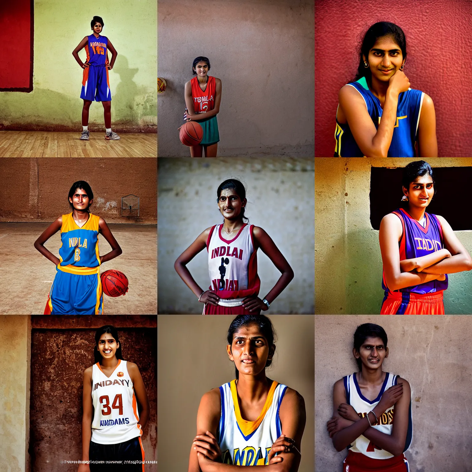Prompt: A tall young Indian woman basketball player, on an interior basketball court, posing with her arms folded, smiling, portrait photography by Steve McCurry