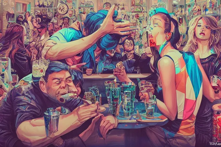 Image similar to Drunks people in bar, Tristan Eaton, victo ngai, artgerm, RHADS, ross draws