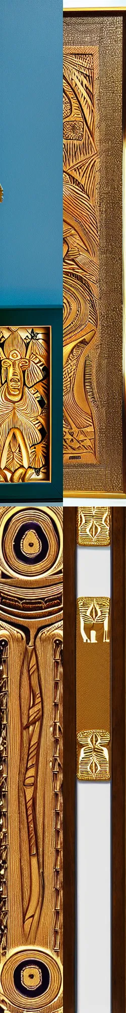 Prompt: golden wood carved in relief, gold color with aboriginal motifs of northern Patagonia, animals and nature of the patagonian aboriginal by miguel angel, framed, sharp focus