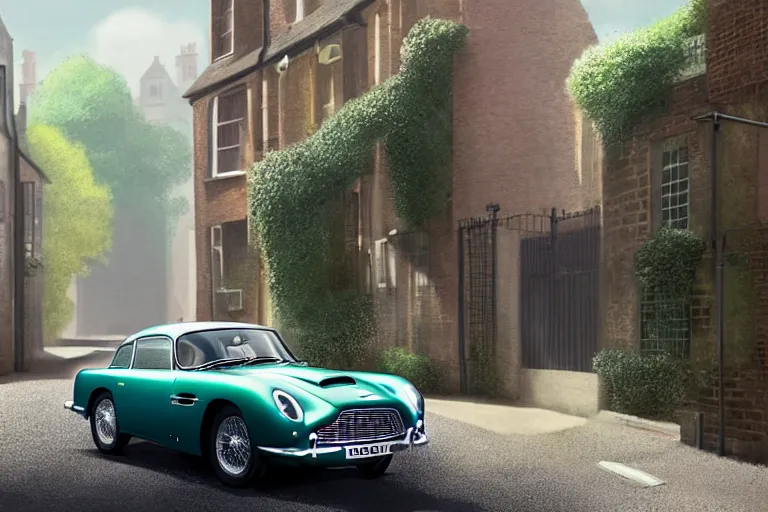 Image similar to a wholesome animation key shot of one focused short shrunk aston martin db 5, in a rich london mews residential street, waist height, medium range, studio ghibli, ( pixar ) and disney animation, sharp, very detailed, unreal engine 5 render, bloom, high resolution, anime key art by greg rutkowski