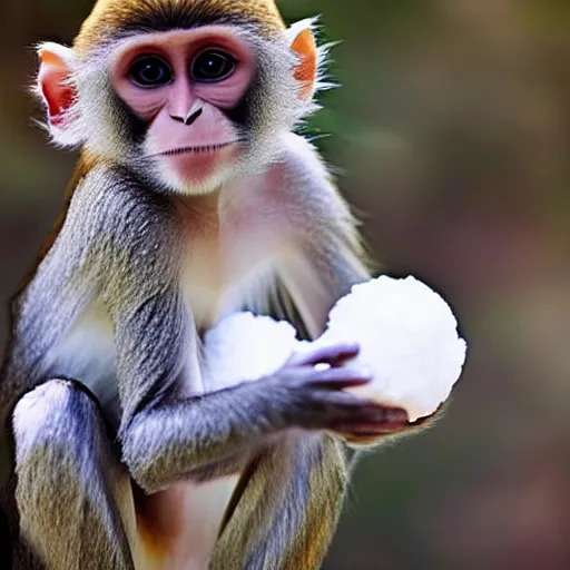 Image similar to beatiful photograph of monkey sitting in the center of the image whilst holding a snowball in its arms