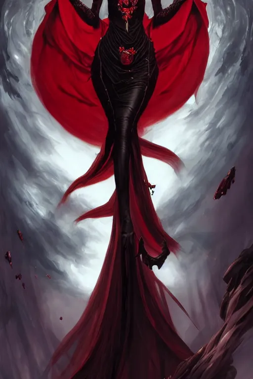 Image similar to Beautiful vampire female princess, black and red silk clothing, levitating above a pit of souls, Full body shot, D&D, fantasy, intricate, elegant, highly detailed, digital painting, artstation, concept art, matte, sharp focus, illustration, hearthstone, art by Artgerm and Greg Rutkowski and Alphonse Mucha