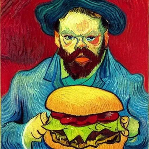 Prompt: portrait of orson welles with a giant hamburger. painting by vincent van gogh, oil on canvas, rich deep colors.