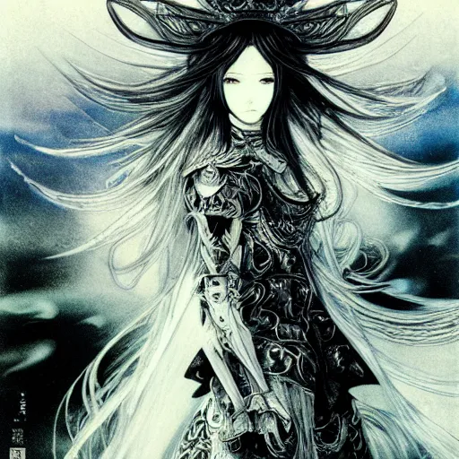 Image similar to yoshitaka amano blurred and dreamy illustration of an anime girl with black eyes, wavy white hair fluttering in the wind wearing elden ring armor and crown with engraving, abstract black and white patterns on the background, noisy film grain effect, highly detailed, renaissance oil painting, weird portrait angle, blurred lost edges, three quarter view