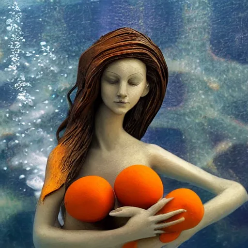 Image similar to rigorous underwater photography, deep depth of field by dorina costras. a sculpture of a young woman holding an orange