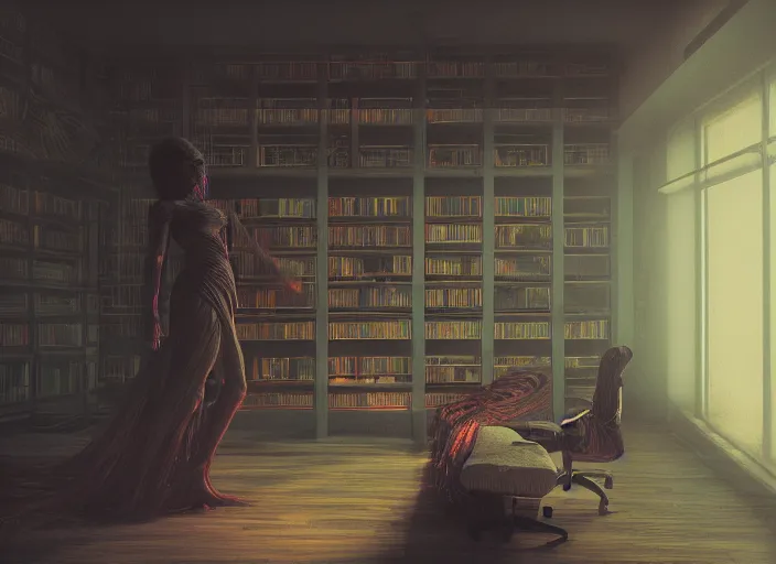 Prompt: rgb wires, woman, library, cinematic, movie scene, inspired by zdzislaw beksinski, veins,, cables everywhere, bedroom, ultra realistic, concept art, intricate details, highly detailed, photorealistic, octane render, 8 k