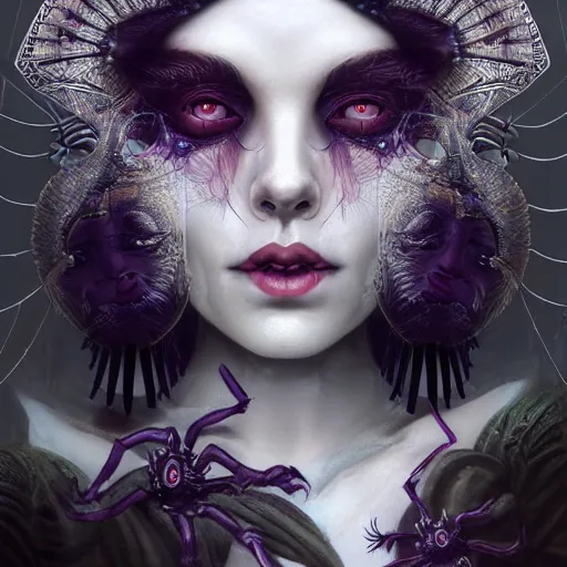 Image similar to tom bagshaw, soft painting fractal curiosities carnival, single beautiful spider queen facing camera in full nightshade gothic armor, accurate features, focus, very intricate ultrafine details, black white purple volumetric clouds, award winning masterpiece, octane render 8 k hd