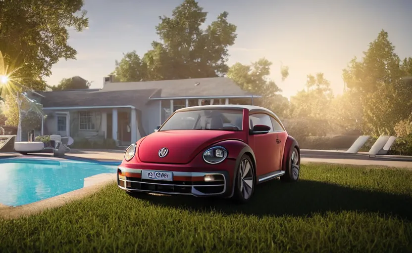 Image similar to a vw beetle parked near a modern small house with a pool at sunrise, concept art, octane render, unreal engine 5, trending on artstation, high quality, highly detailed, 8 k, soft lighting, path traced, godrays, lens flare, hyperrealistic, symmetrical, low contrast, digital art, beautiful, elegant