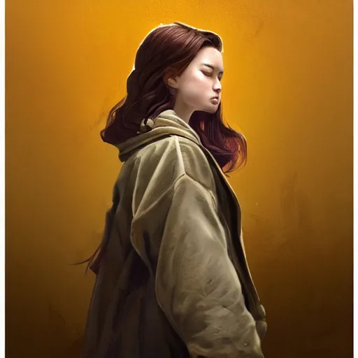 Image similar to a highly detailed epic cinematic concept art CG render digital painting artwork costume design: a teenage girl in a 1950s extremely oversized man's coat and hoodie. muted colors with some yellow accents. By Greg Rutkowski, Ilya Kuvshinov, WLOP, Stanley Artgerm Lau, Ruan Jia and Fenghua Zhong, trending on ArtStation, made in Maya, Blender and Photoshop, octane render, excellent composition, cinematic atmosphere, dynamic dramatic cinematic lighting, aesthetic, very inspirational, arthouse