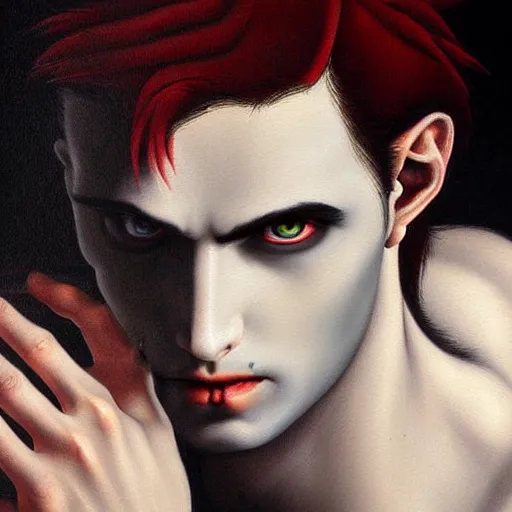 Image similar to attractive twenty first century male vampire beautiful eyes. highly detailed painting by michelangelo 8 k