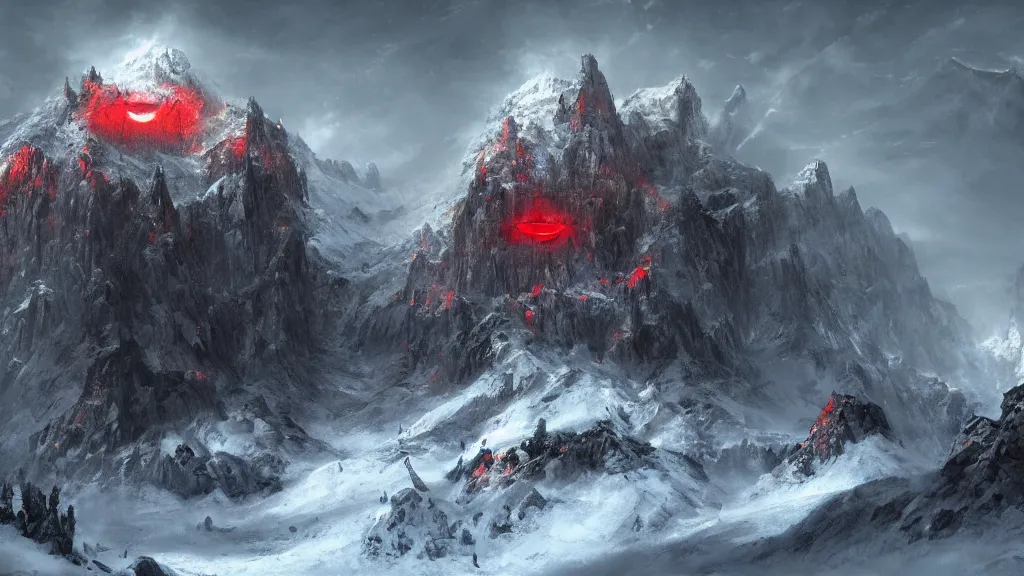 Image similar to huge mountain fortress with a dark tower that has a glowing red eye on a snowy mountain by eugene von guerard, ivan shishkin, dramatic lighting, concept art, trending on artstation, 8 k