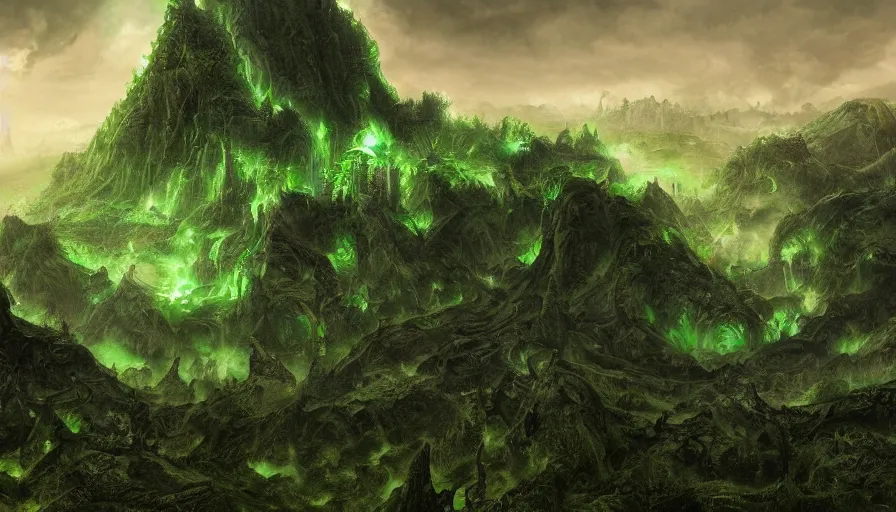 Image similar to Wide view of green Hell with an humongous demon's castle in the middle and demons around, hyperdetailed, artstation, cgsociety, 8k