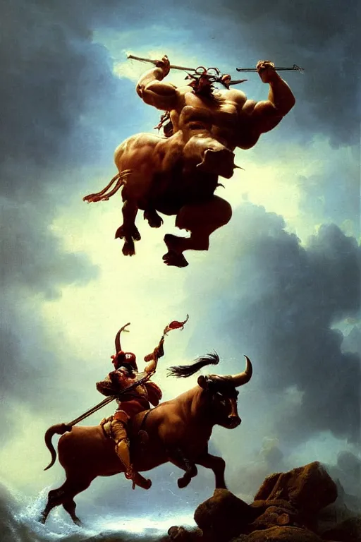 Image similar to oil painting of a strong minotaur with a bull face and wearing full plate armor, in style of ivan aivazovsky, expressive face, detailed face, detailed eyes, full body, feminine face, tracer overwatch,