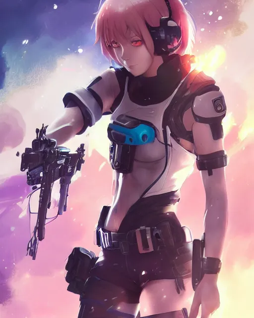 Image similar to nami, anime key visual of a young female swat officer, neon, cyberpunk, futuristic, white top, black vest, stunning, highly detailed, digital painting, smooth, soft focus, illustration, 4 k digital art from artstation by artgerm and greg rutkowski and alphonse mucha
