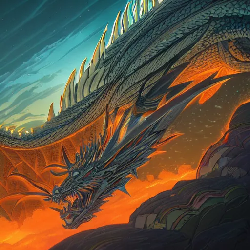 Image similar to the second dragon by dan mumford, yusuke murata, makoto shinkai, ross tran, cosmic, heavenly, god rays, intricate detail, cinematic, 8 k, cel shaded, unreal engine, featured on artstation, pixiv