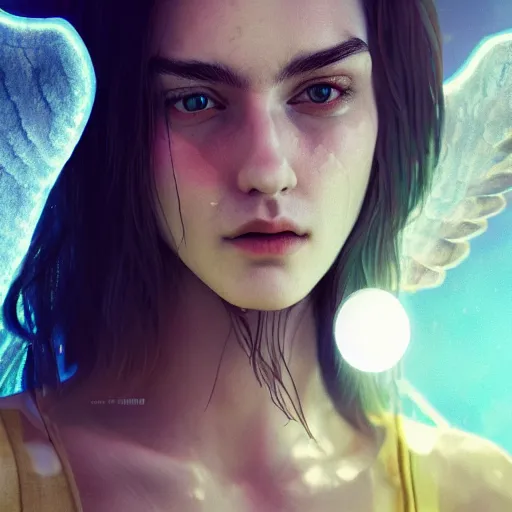 Image similar to portrait art of female angel by alessio albi 8 k ultra realistic, angel wings, lens flare, atmosphere, glow, detailed, intricate, full of colour, cinematic lighting, trending on artstation, 4 k, hyperrealistic, focused, extreme details, unreal engine 5, cinematic, masterpiece